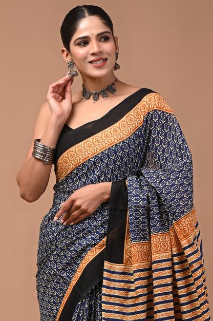 Printed Pure Cotton Mulmul Saree With Blouse