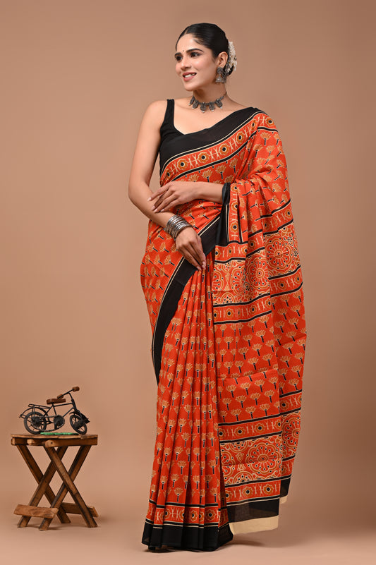 Printed Pure Cotton Mulmul Saree With Blouse