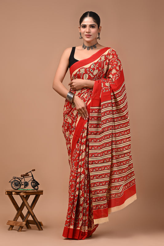 Printed Pure Cotton Mulmul Saree With Blouse