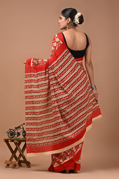 Printed Pure Cotton Mulmul Saree With Blouse