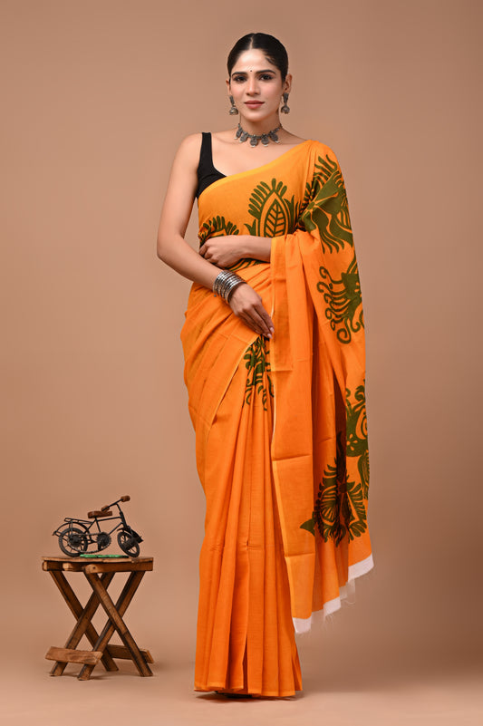 Printed Pure Cotton Mulmul Saree With Blouse