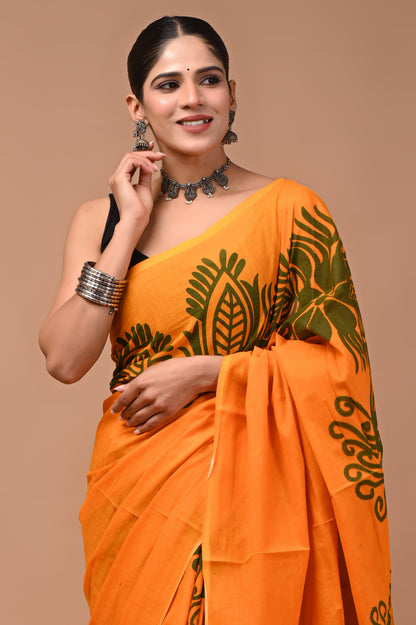 Printed Pure Cotton Mulmul Saree With Blouse