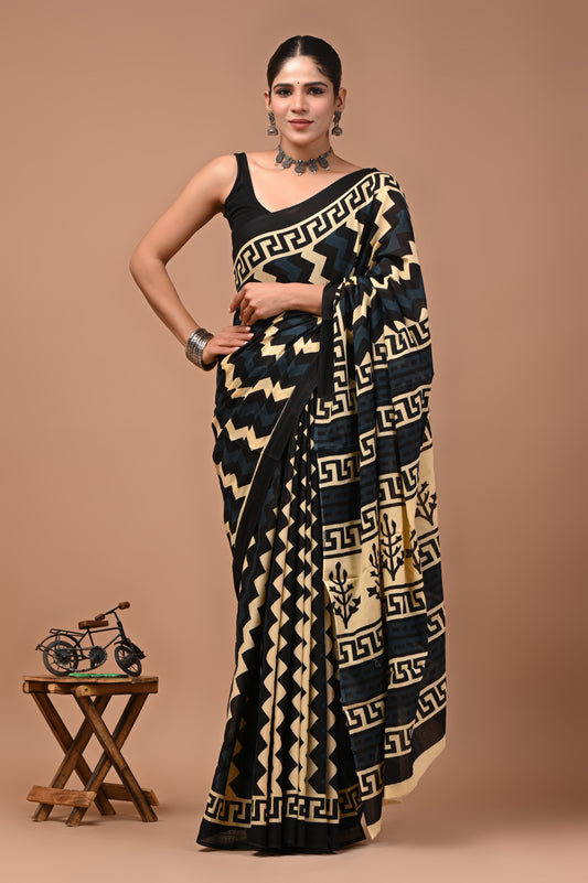Printed Pure Cotton Mulmul Saree With Blouse
