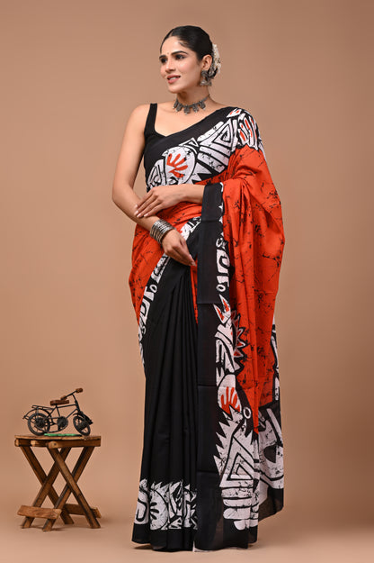 Printed Pure Cotton Mulmul Saree With Blouse