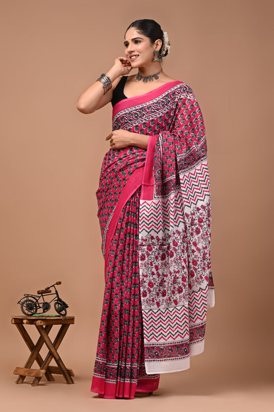 Printed Pure Cotton Mulmul Saree With Blouse
