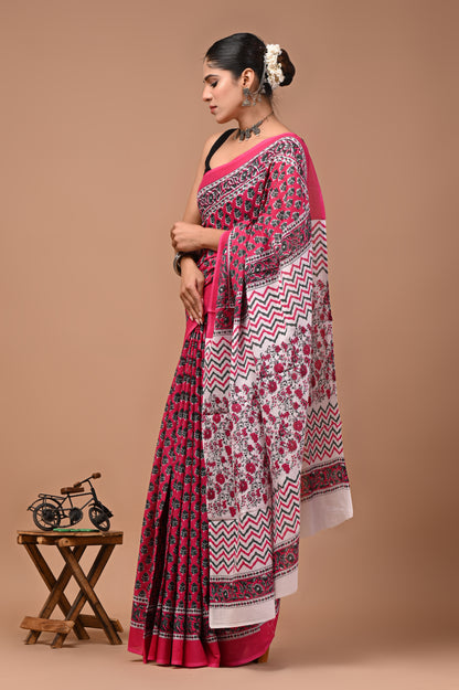 Printed Pure Cotton Mulmul Saree With Blouse