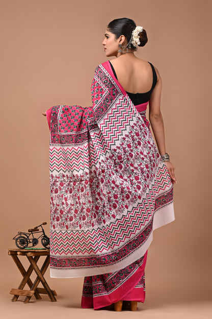 Printed Pure Cotton Mulmul Saree With Blouse