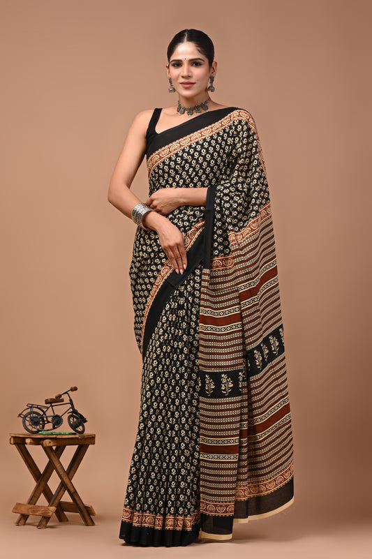 Printed Pure Cotton Mulmul Saree With Blouse