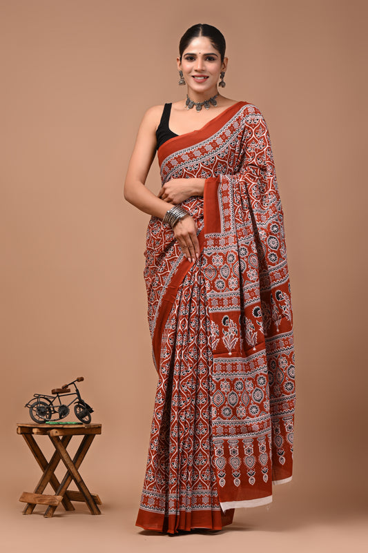 Printed Pure Cotton Mulmul Saree With Blouse