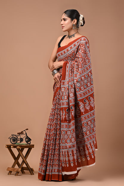 Printed Pure Cotton Mulmul Saree With Blouse