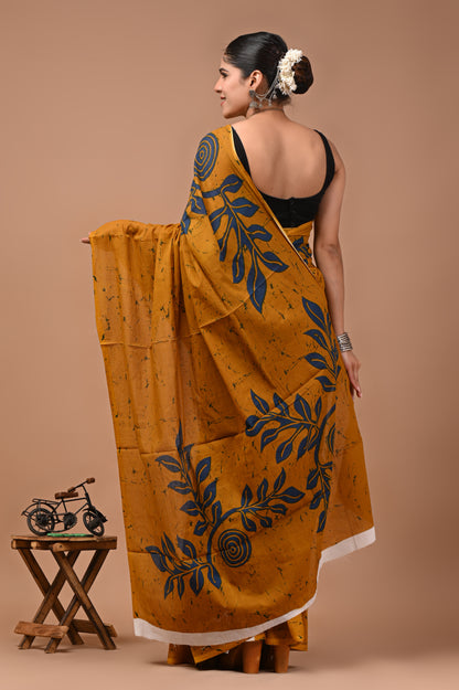 Printed Pure Cotton Mulmul Saree With Blouse