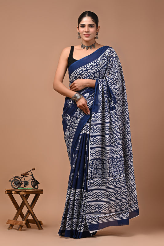 Printed Pure Cotton Mulmul Saree With Blouse