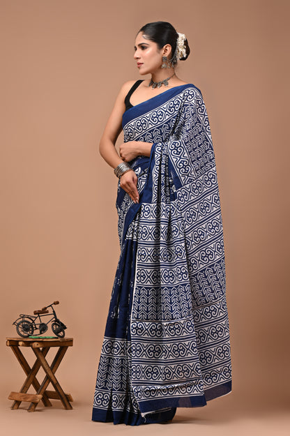 Printed Pure Cotton Mulmul Saree With Blouse