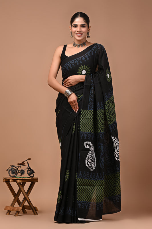 Printed Pure Cotton Mulmul Saree With Blouse