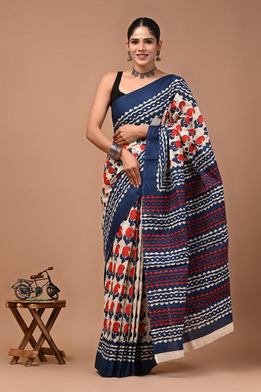 Printed Pure Cotton Mulmul Saree With Blouse