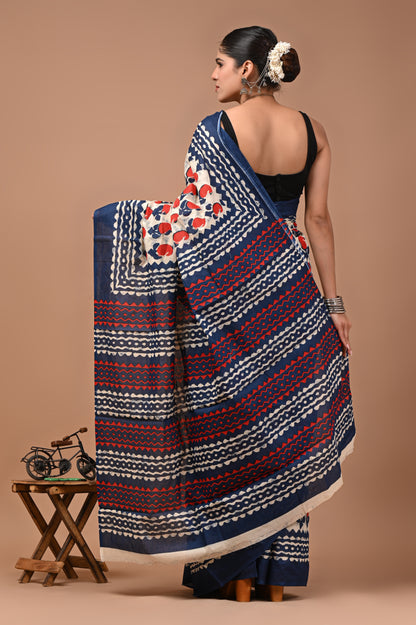 Printed Pure Cotton Mulmul Saree With Blouse