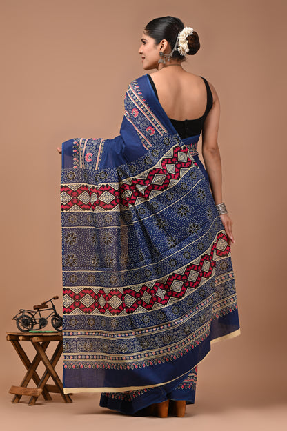 Printed Pure Cotton Mulmul Saree With Blouse