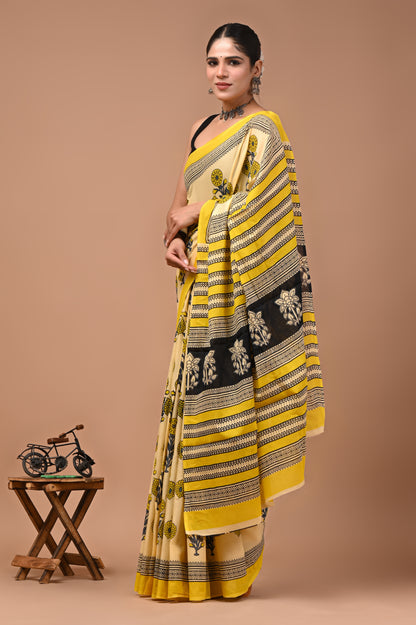 Printed Pure Cotton Mulmul Saree With Blouse