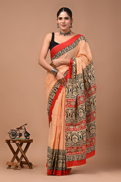 Printed Pure Cotton Mulmul Saree With Blouse