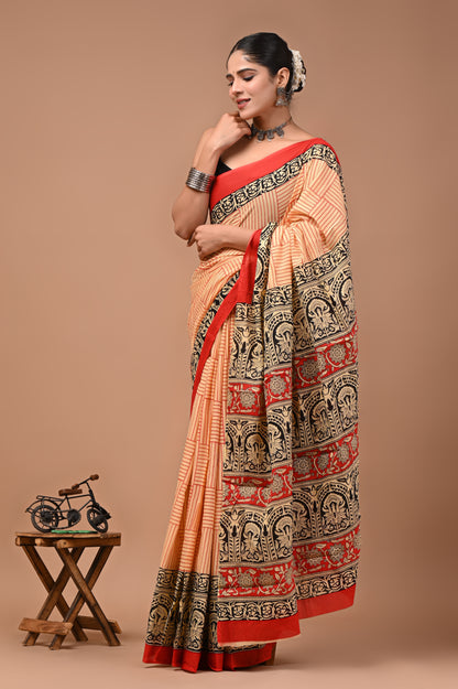Printed Pure Cotton Mulmul Saree With Blouse