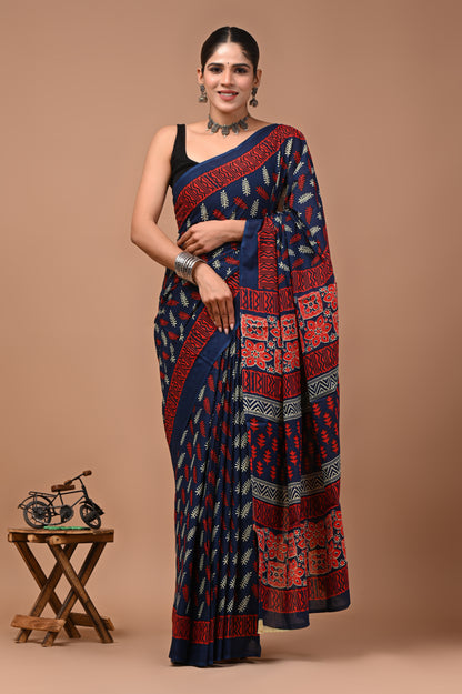 Printed Pure Cotton Mulmul Saree With Blouse
