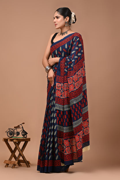 Printed Pure Cotton Mulmul Saree With Blouse