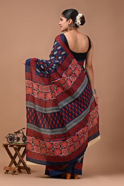 Printed Pure Cotton Mulmul Saree With Blouse