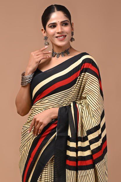 Printed Pure Cotton Mulmul Saree With Blouse