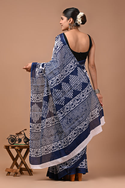 Printed Pure Cotton Mulmul Saree With Blouse