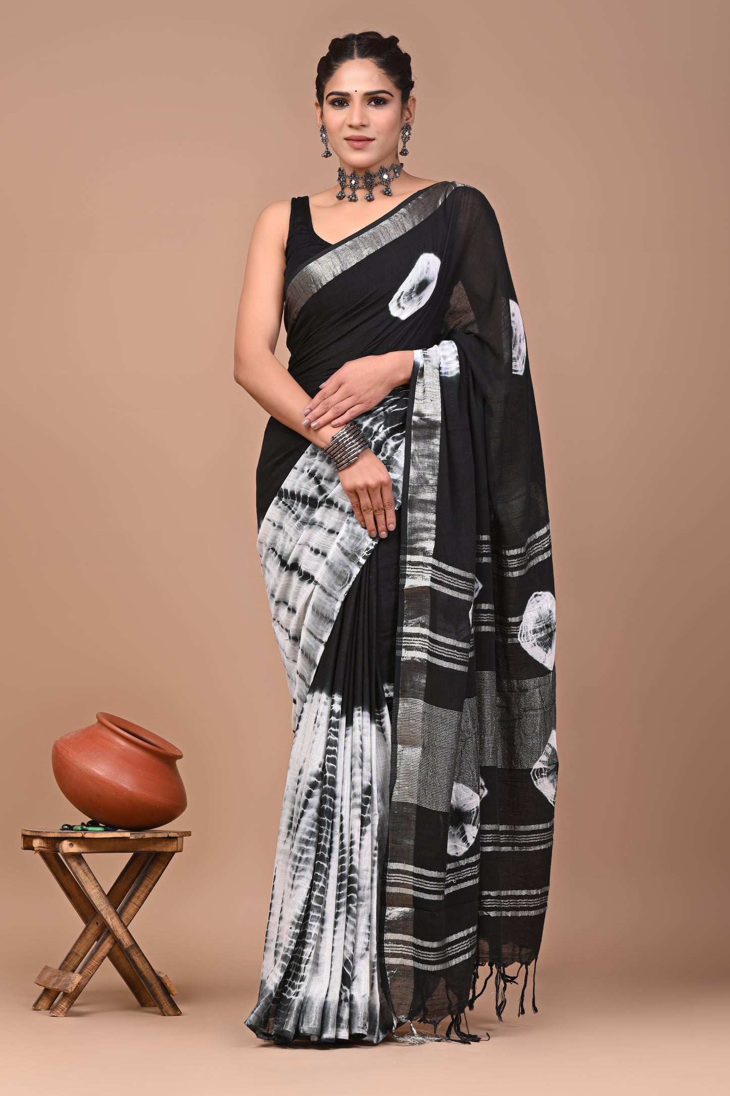 Block Printed Cotton linen Saree With Unstiched Blouse