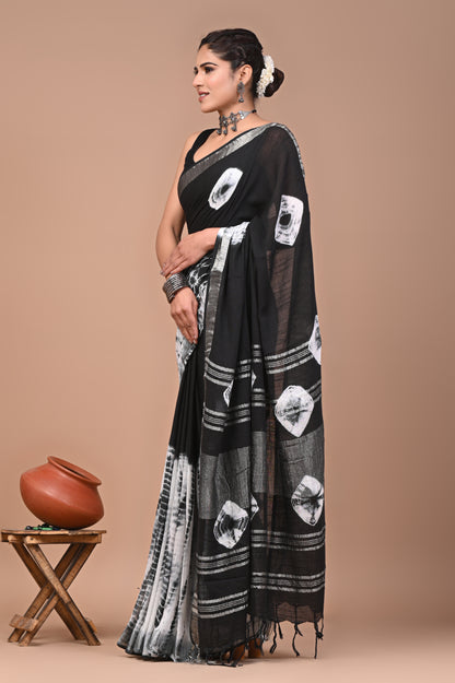 Block Printed Cotton linen Saree With Unstiched Blouse