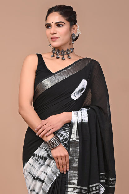 Block Printed Cotton linen Saree With Unstiched Blouse