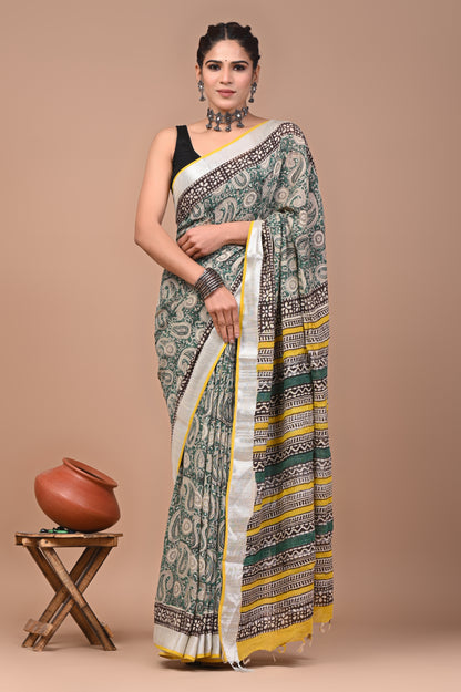 Block Printed Cotton linen Saree With Unstiched Blouse