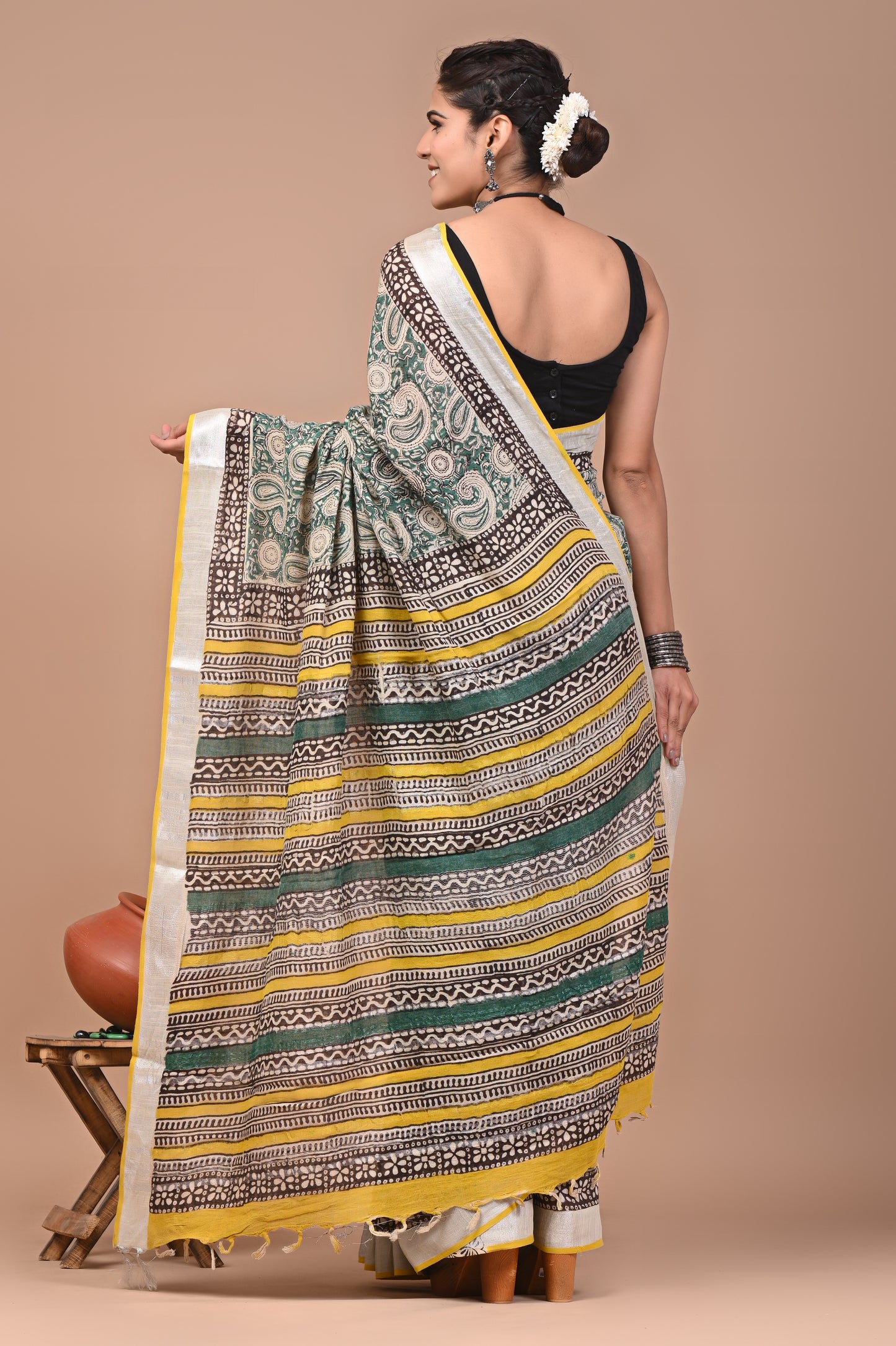 Block Printed Cotton linen Saree With Unstiched Blouse