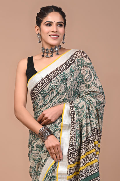 Block Printed Cotton linen Saree With Unstiched Blouse