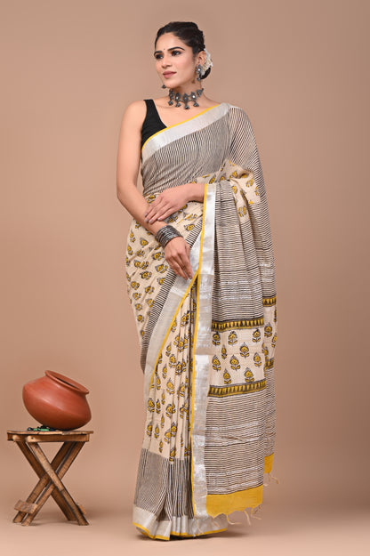 Block Printed Cotton linen Saree With Unstiched Blouse