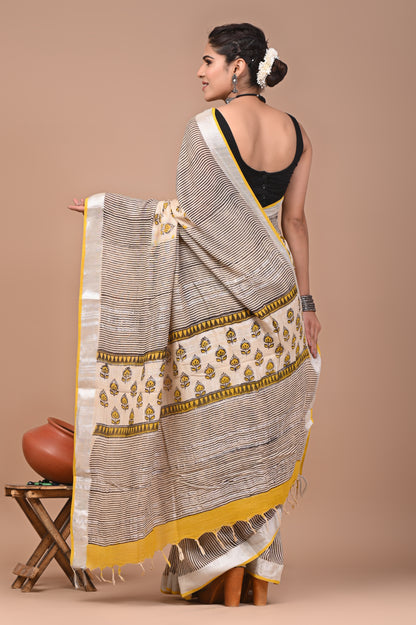 Block Printed Cotton linen Saree With Unstiched Blouse