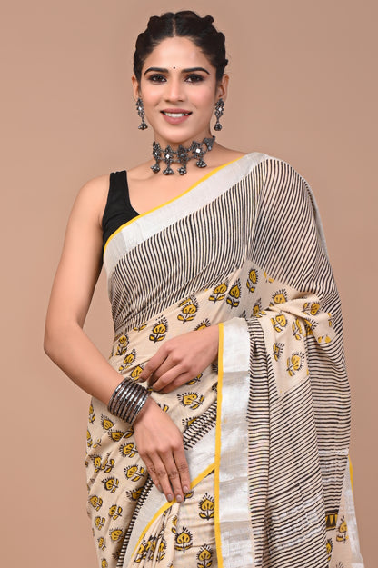 Block Printed Cotton linen Saree With Unstiched Blouse