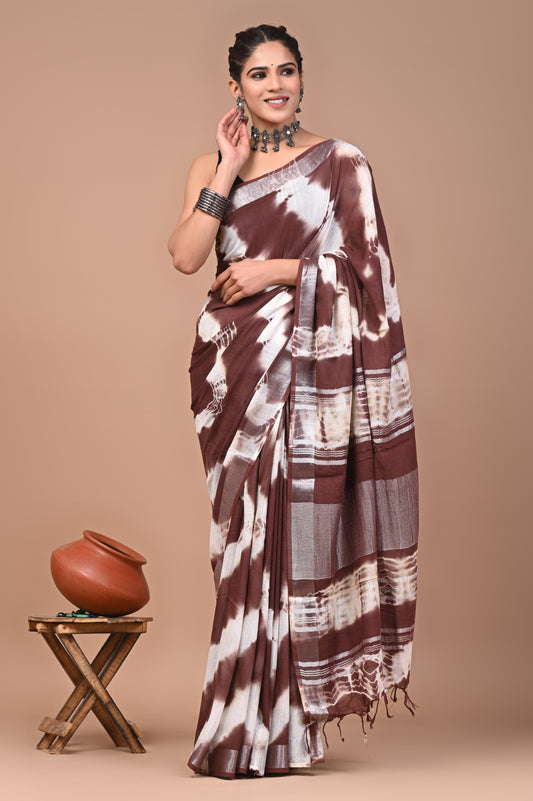 Block Printed Cotton linen Saree With Unstiched Blouse