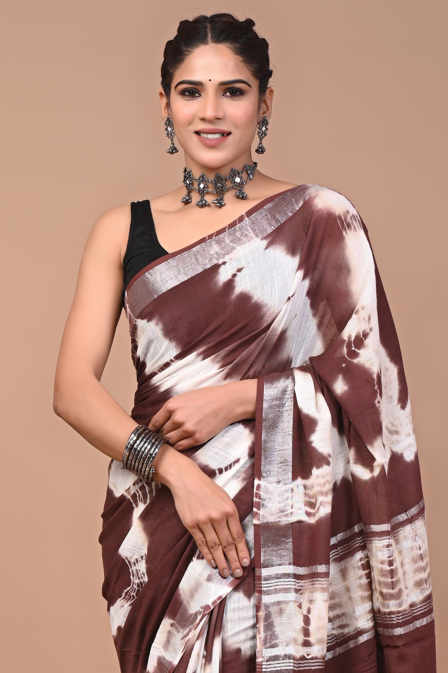 Block Printed Cotton linen Saree With Unstiched Blouse