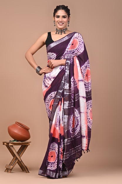 Block Printed Cotton linen Saree With Unstiched Blouse