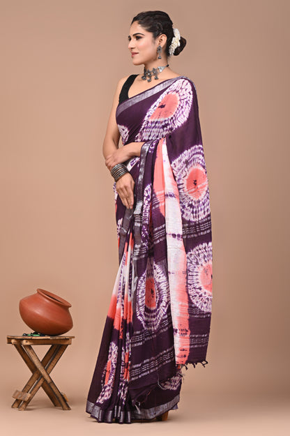 Block Printed Cotton linen Saree With Unstiched Blouse