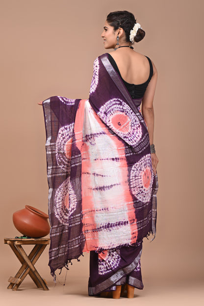 Block Printed Cotton linen Saree With Unstiched Blouse