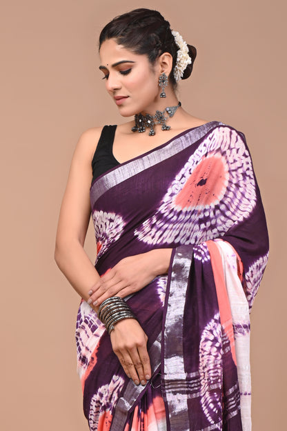 Block Printed Cotton linen Saree With Unstiched Blouse