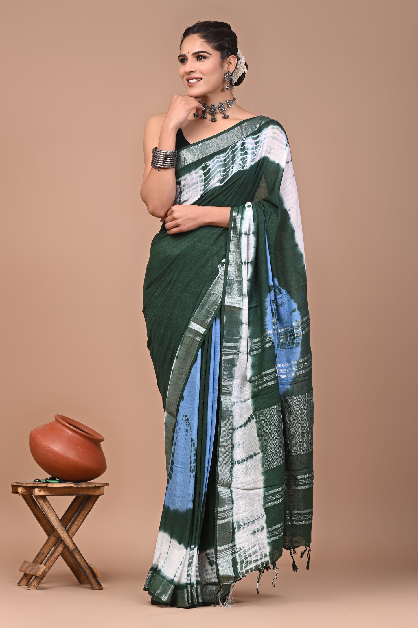 Block Printed Cotton linen Saree With Unstiched Blouse