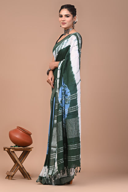 Block Printed Cotton linen Saree With Unstiched Blouse