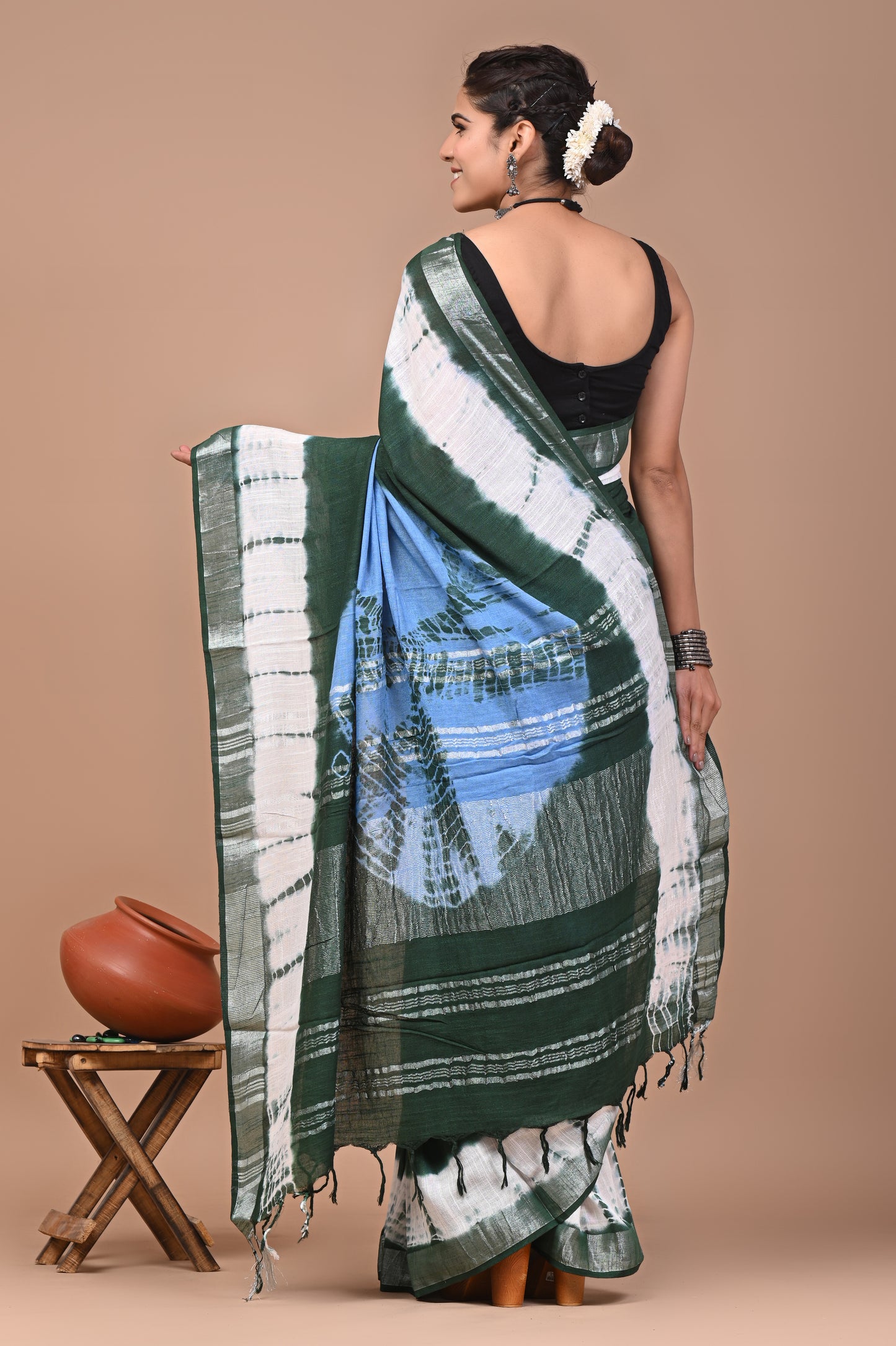 Block Printed Cotton linen Saree With Unstiched Blouse