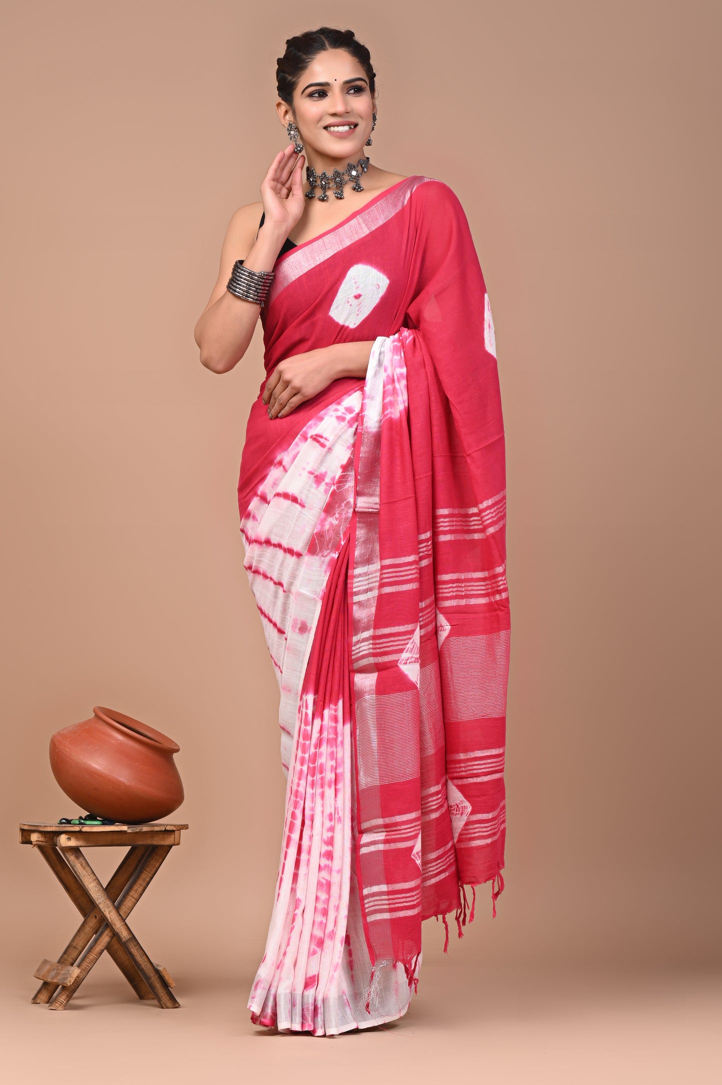 Block Printed Cotton linen Saree With Unstiched Blouse