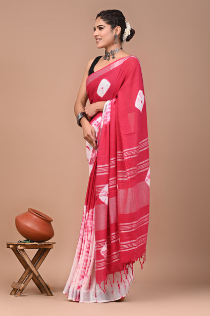 Block Printed Cotton linen Saree With Unstiched Blouse