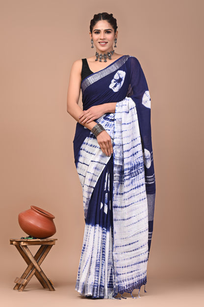 Block Printed Cotton linen Saree With Unstiched Blouse